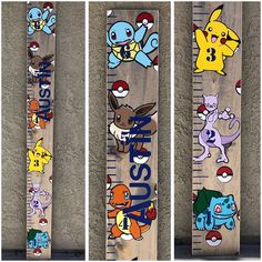 three wooden growth rulers with pokemon characters on them, one is for boys and the other is for girls