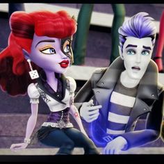 three cartoon characters sitting next to each other in front of some stairs and railings