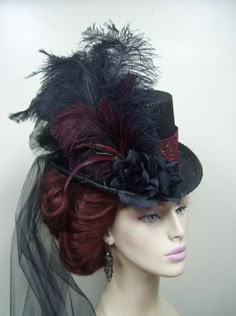 gorgeous hat!! Victorian Style Top Hat, Top Hat Hairstyles, Top Hat Hair, Victorian Black Hat For Weddings, Victorian Steampunk Hairstyles, Vintage Black Top Hat For Wedding, Steampunk Hairstyles With Hat, Victorian Hairstyles With Hat, Black Victorian Wedding Hat