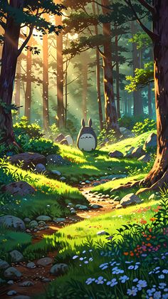 an image of a forest scene with totoro in the foreground and sunlight coming through the trees