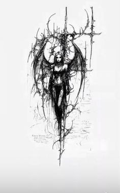 an ink drawing of a woman with wings on her head and arms, holding a cross