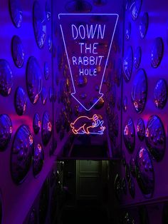 the rabbit hole is lit up with neon lights