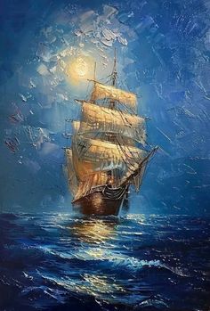 a painting of a sailing ship in the ocean at night with full moon and clouds