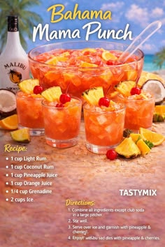 a menu for a tropical drink with pineapples, oranges and cherries