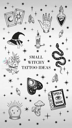 small tattoo ideas on a white background with stars and hand symbols in the middle,