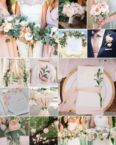 a collage of photos with different wedding colors and bouquets in pink, peach, green
