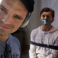 two men with masks on their mouths and one wearing a headset while the other is looking at the camera