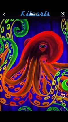 an abstract painting with neon colors and swirls on the bottom half of it, in front of a dark background