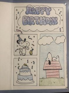 an open book with pictures of birthday cakes and cartoon characters on the pages that say happy birthday