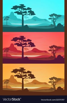 three different types of trees with mountains in the background and one is red, blue, yellow