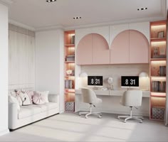 a white room with two desks and some bookshelves on the wall next to it