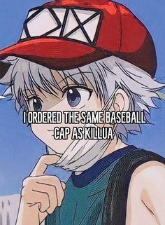 an anime character wearing a baseball cap with the caption i ordered the same baseball cap as