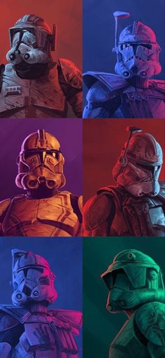 four different color variations of the same character in star wars, including troopers and knights