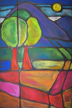 an image of a painting with trees and mountains in the background, on instagram