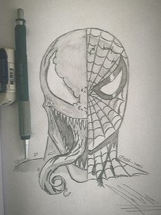 a pencil drawing of a spider - man with his head in the shape of a skull