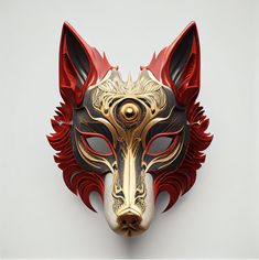 Wolf Mask Art, Chinese Wolf Mask, Red Fantasy Mask Design, Golden Wolf Mask, Red Wolf Mask, Golden Fox Mask, Gold Dragon Mask Design, Mask Wolf, Red And Gold Mask Design
