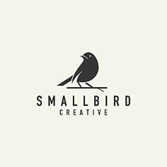 a black bird sitting on top of a white background with the words small bird creative written below it