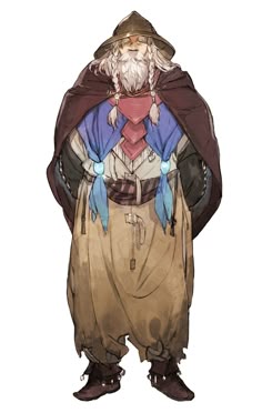 an old man with long white hair and beard wearing a brown hat, blue shirt and tan pants