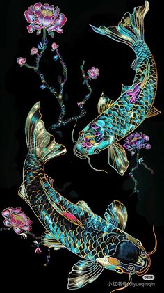 two koi fish swimming in the water with pink flowers on their back and black background