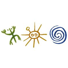 three different colored drawings on white paper with one sun and the other a spiral design