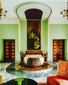 a bedroom with green walls and marble flooring, an art work on the wall