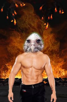 a man standing in front of a fire with an owl mask on his head and hands behind his back
