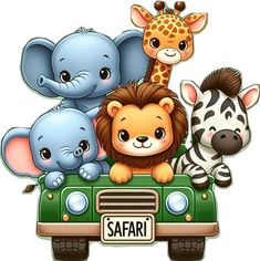 a group of animals riding on the back of a green car in front of a zebra and giraffe