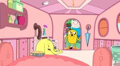 finn and finn from adventure time in a pink room with other cartoon characters on the walls