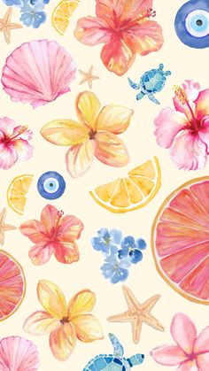watercolor flowers, oranges and starfish on a white background with blue circles
