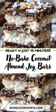 no bake coconut almond joy bars stacked on top of each other