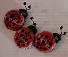 two red and black ladybug buttons sitting on top of each other