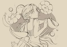 a drawing of a girl with flowers in her hair and bubbles around her neck,