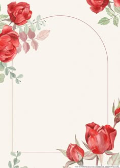 a watercolor painting of red roses on a white background with an oval frame in the middle