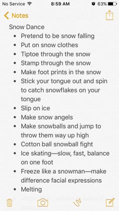 an iphone screen showing the instructions for snow dance