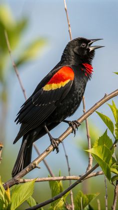 a black bird with red, yellow and orange feathers sitting on top of a tree branch
