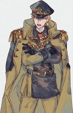 a drawing of a man in uniform with his hands on his chest and wearing a hat