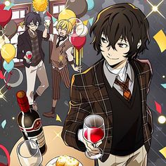 an anime character holding a wine glass in front of a table with food and drinks on it