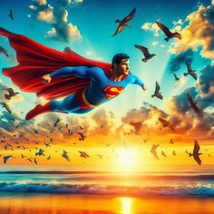 superman flying over the ocean with seagulls in the sky and birds around him