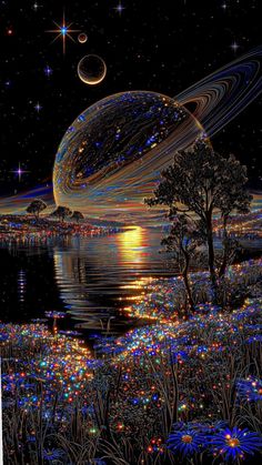 an image of the planets and stars in the sky above water with trees, grass and flowers