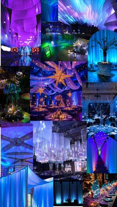 a collage of images with lights and decorations in the middle one is blue, purple, and green