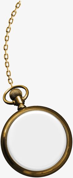an old gold pocket watch with chain hanging from it's side on a white background