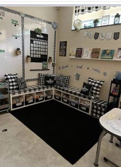 a classroom with black and white checkered cushions
