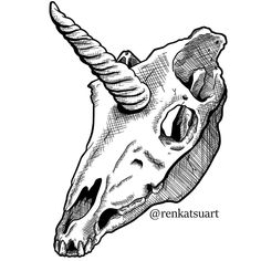 an animal's skull with horns is shown in this black and white drawing by renatastaart