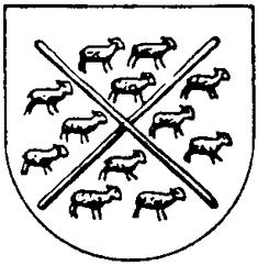 a coat of arms with crossed sabers and sheep in the center, vintage line drawing or engraving