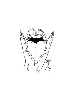 a black and white drawing of a woman's face with her hands in the air