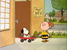 a cartoon character pulling a wagon with a dog on it