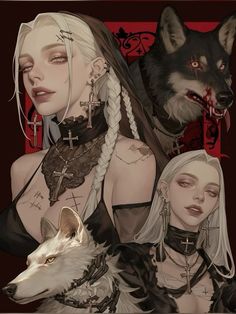 a woman with white hair and tattoos standing next to a wolf