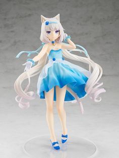a figurine is shown with white hair and blue shoes, holding a cat's tail