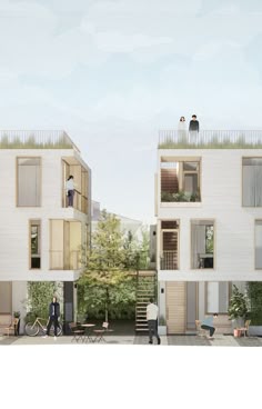 an artist's rendering of two buildings with people standing on the balconies