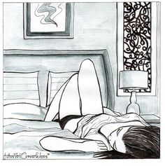 a black and white drawing of a person laying in bed